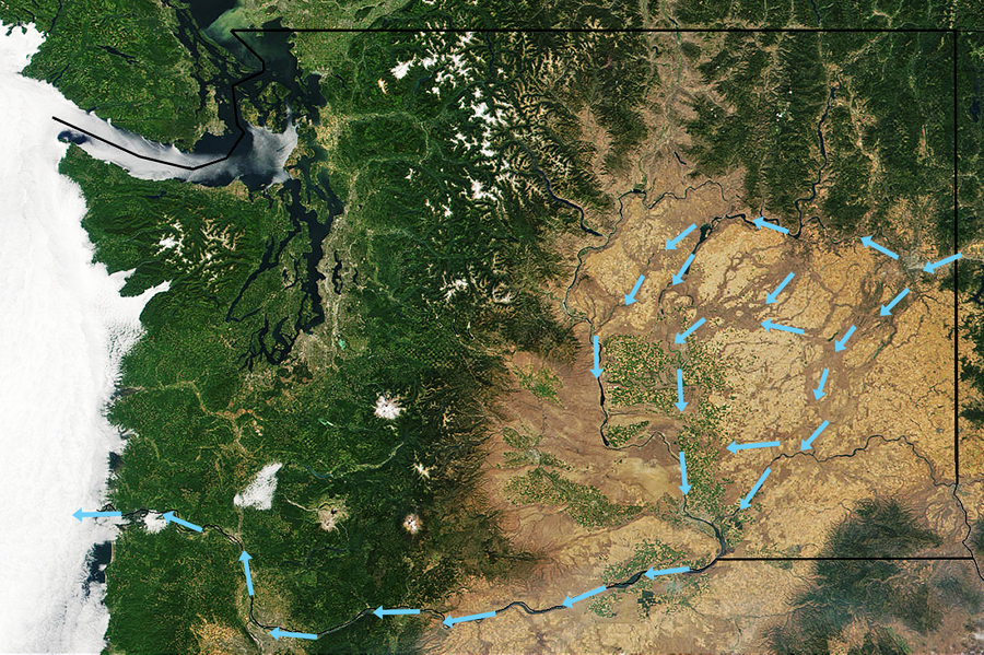 The blue arrows show the main routes of the Missoula Floods